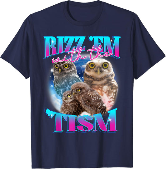 Rizz 'em With The 'tism Autism Awareness Puzzle Funny Owl T-Shirt - T-Shirt | Navy