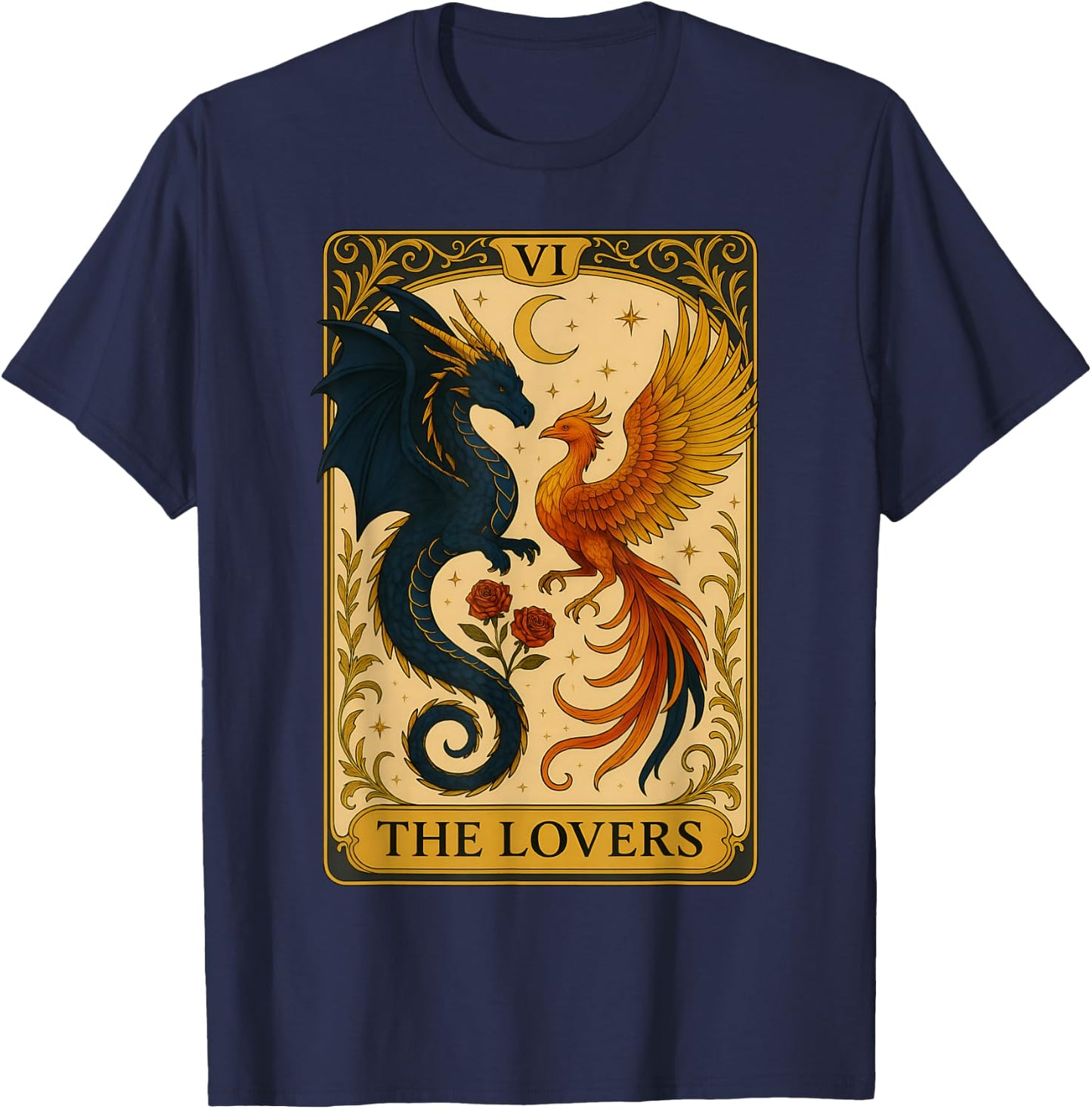 The Lovers Vintage Tarot Card Phoenix Dragon Fantasy Lover T-Shirt - T-Shirt | Navy