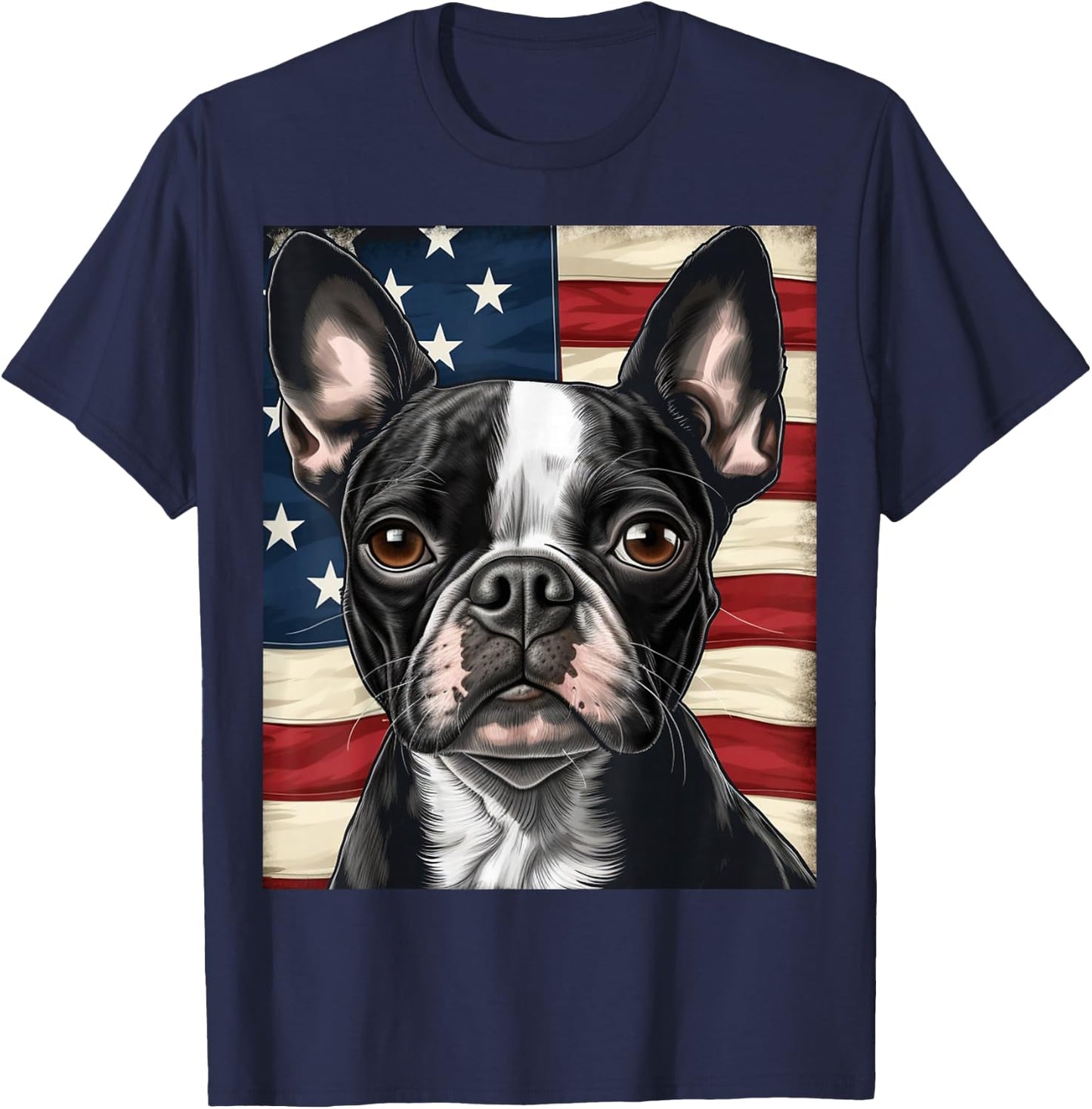 Boston Terrier Dog American Flag 4th of July Patriotic puppy T-Shirt - T-Shirt | Navy