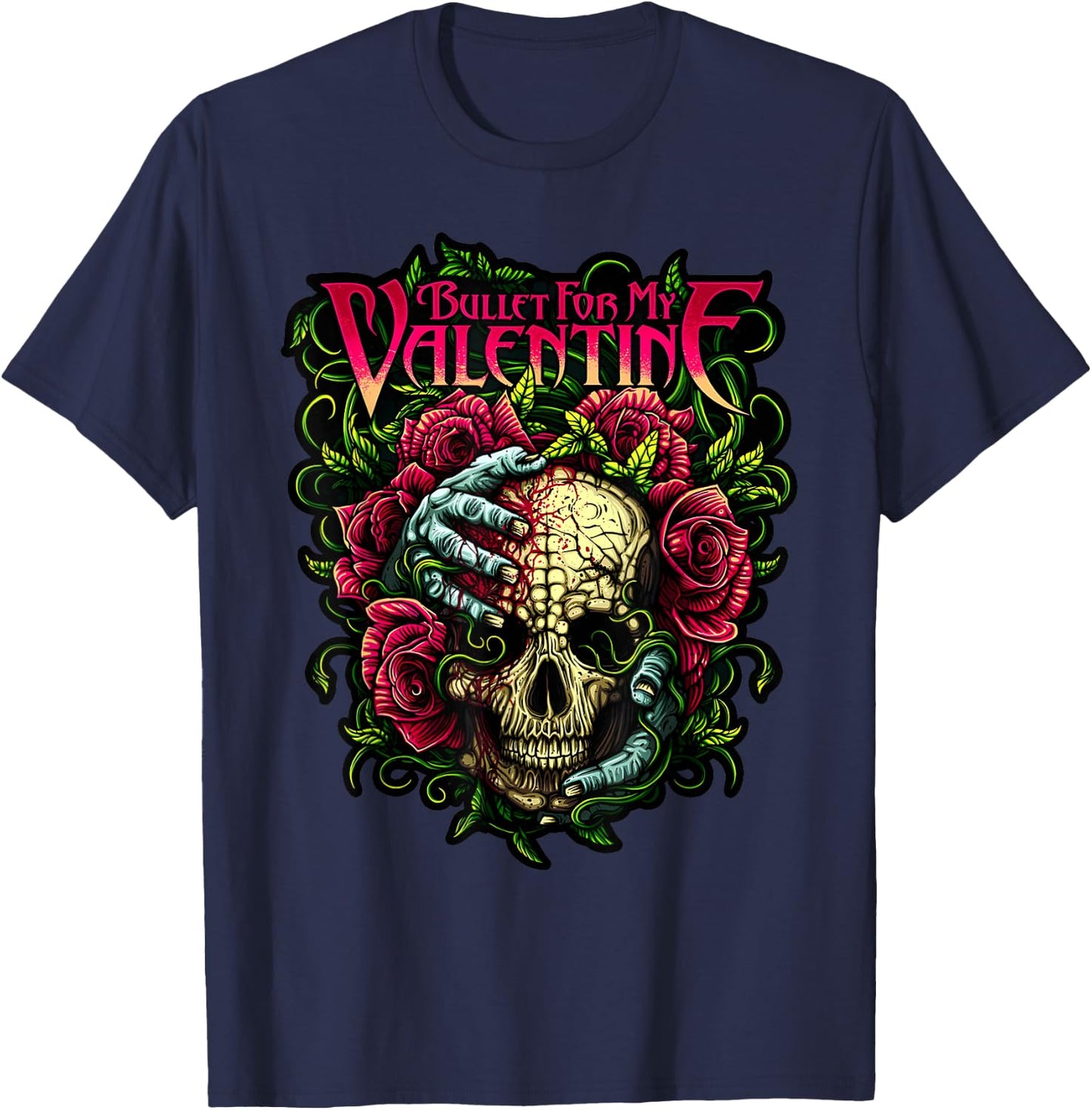 Funny Bullet My Valentine Horror with Skull, Roses and Red Blood T-Shirt - T-Shirt | Navy