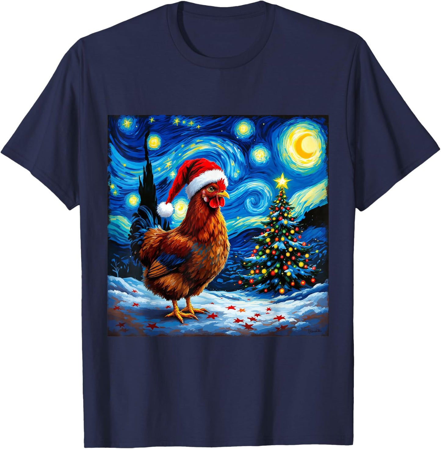Christmas Chicken Santa Hat Van Gogh Starry Night Holiday T-Shirt - T-Shirt | Navy