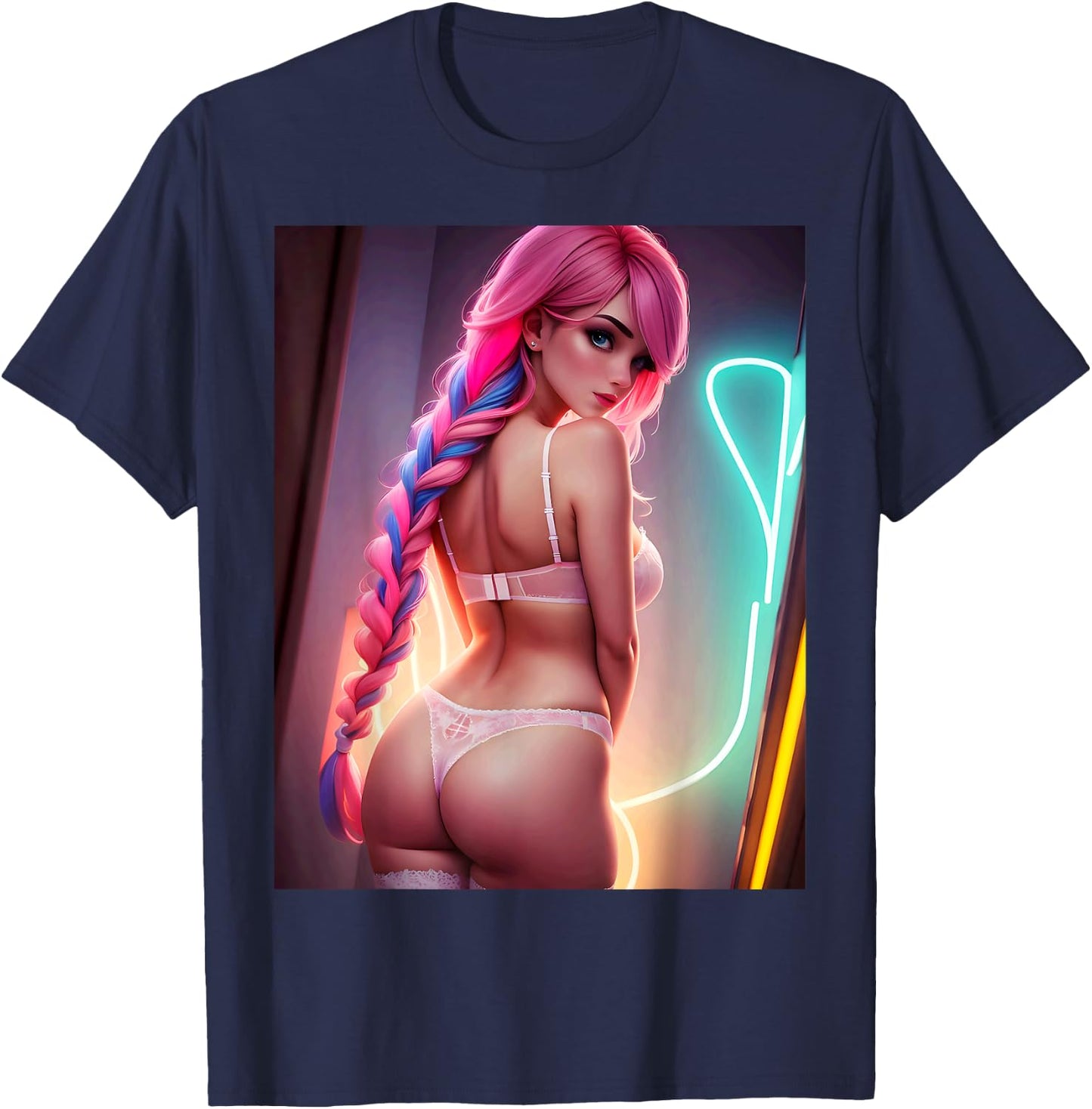 Cute Sexy Anime Manga Waifu Woman Pink Lingerie Portrait , Black, S T-Shirt - T-Shirt | Navy