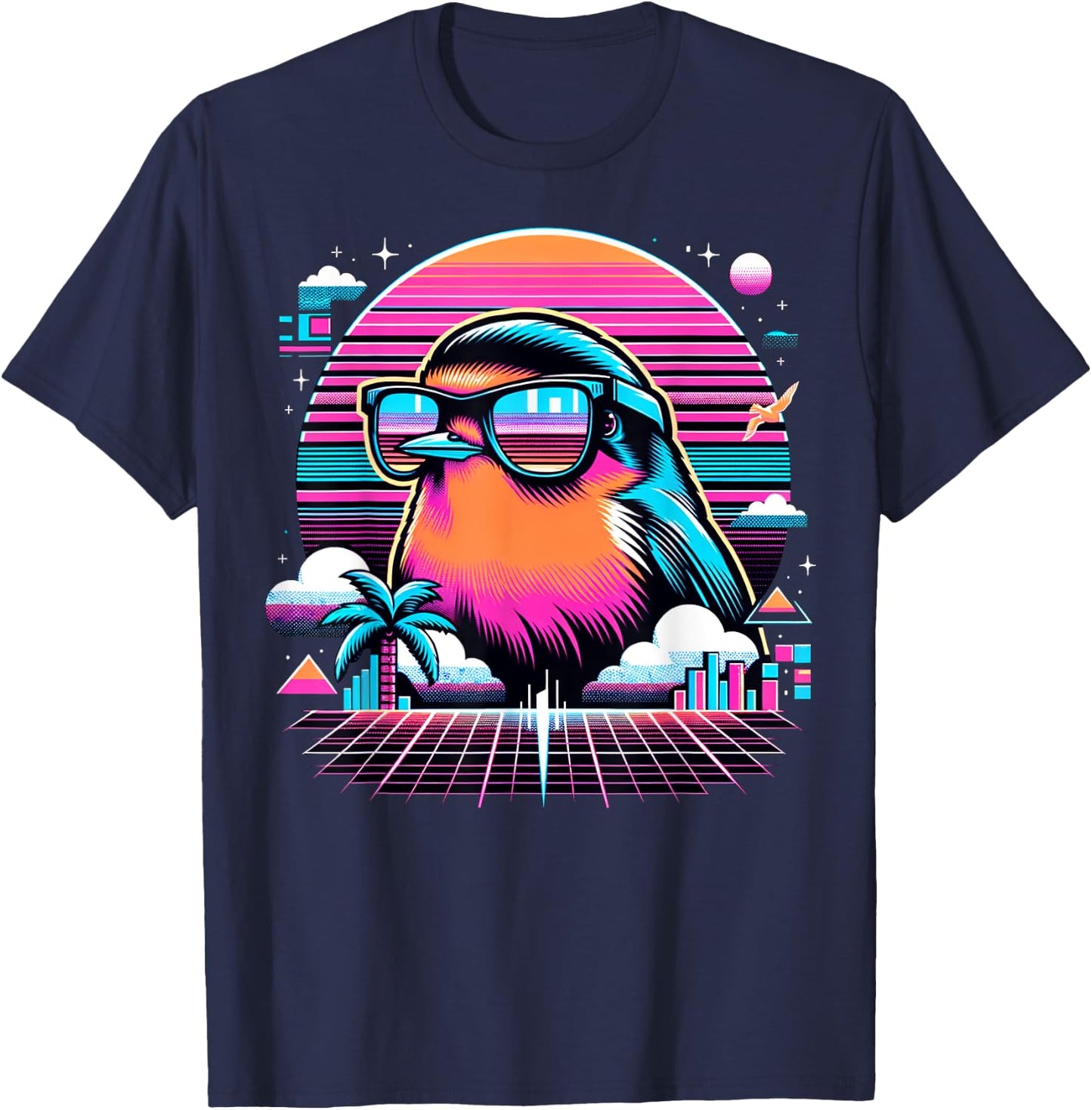 Cool Bird 80s Retrowave 90s Vaporwave American Robin Bird T-Shirt - T-Shirt | Navy