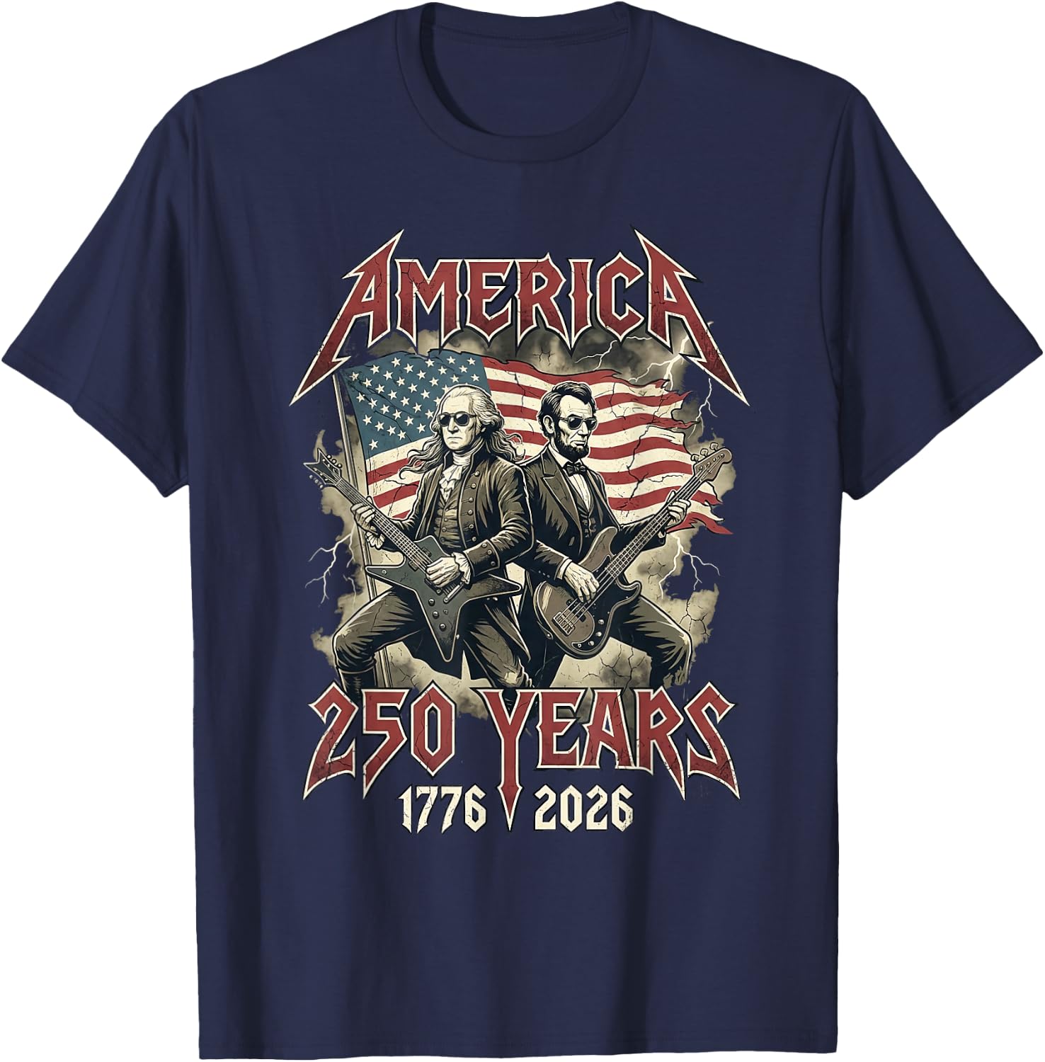 George Washington Abe Lincoln Guitar USA 250 Anniversary T-Shirt - T-Shirt | Navy