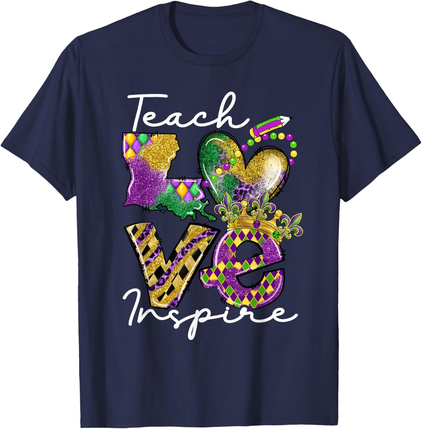 Teacher Mardi Gras Teach Love Inspire Carnival Beads Leopard T-Shirt - T-Shirt | Navy