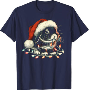 Holland Lop Rabbit Bunny Chew Christmas Light Xmas Holiday T-Shirt - T-Shirt | Navy