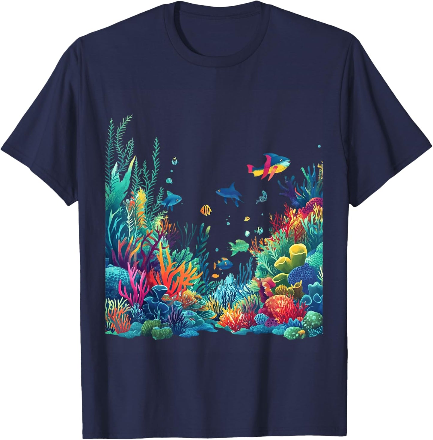 Vibrant Coral Reef Marine Life Scene T-Shirt - T-Shirt | Navy