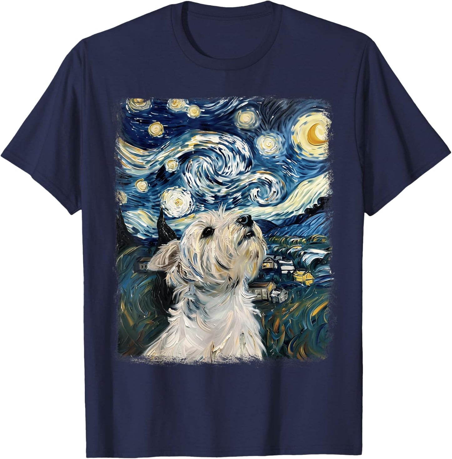 West Highland Terrier Dog Starry Night Painting T-Shirt - T-Shirt | Navy