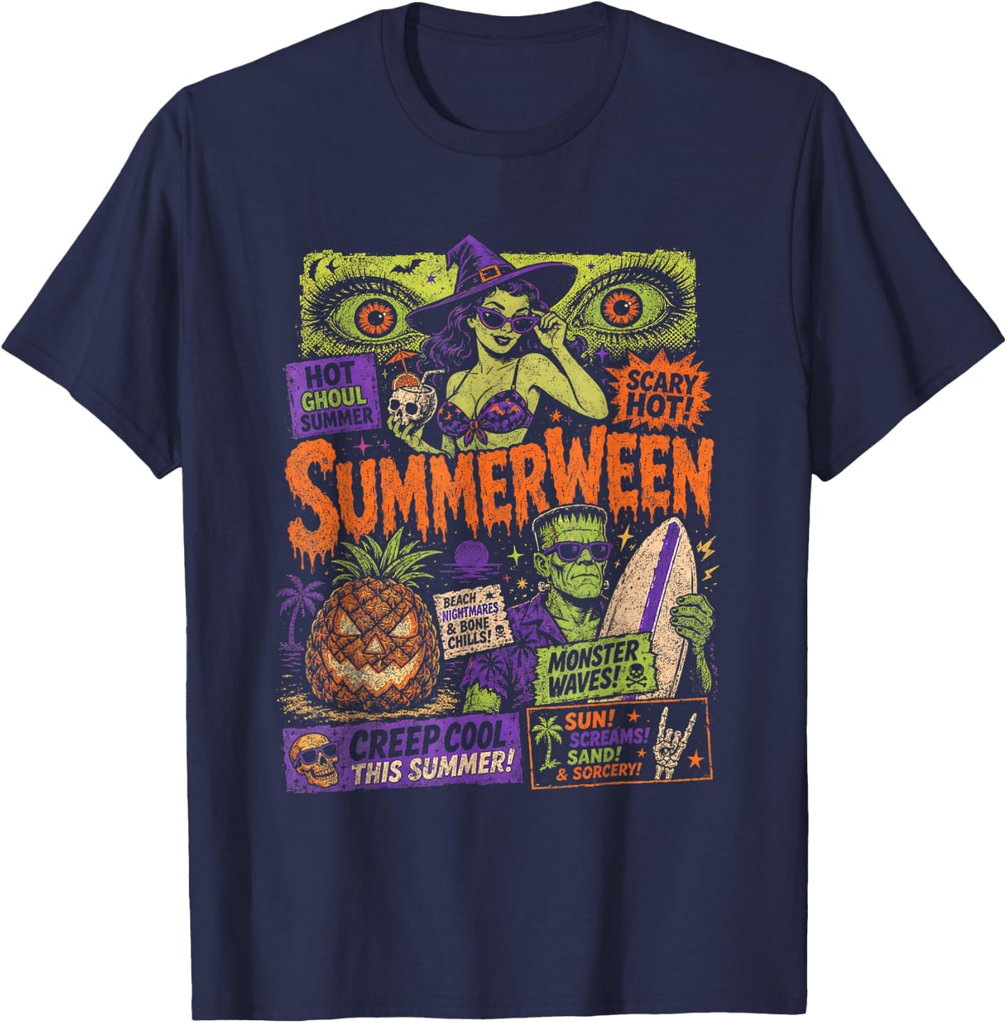 Punk Funny Witch Monster Frankenstein Summerween Beach Trips T-Shirt - T-Shirt | Navy