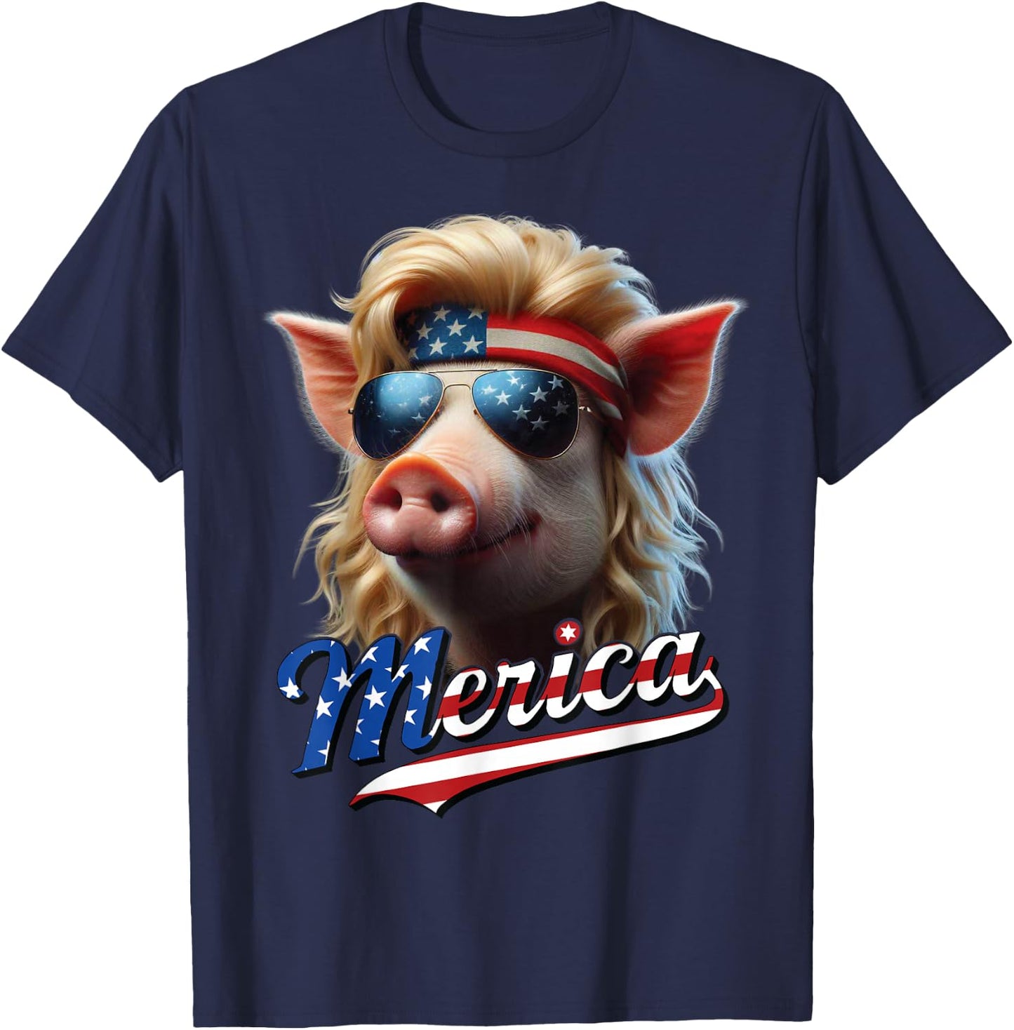 Pig Merica Blonde Mullet Wig USA Flag Funny T-Shirt - T-Shirt | Navy