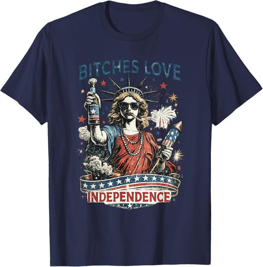 Retro Bitches Love Independence Funny 4th of July T-Shirt - T-Shirt | Navy