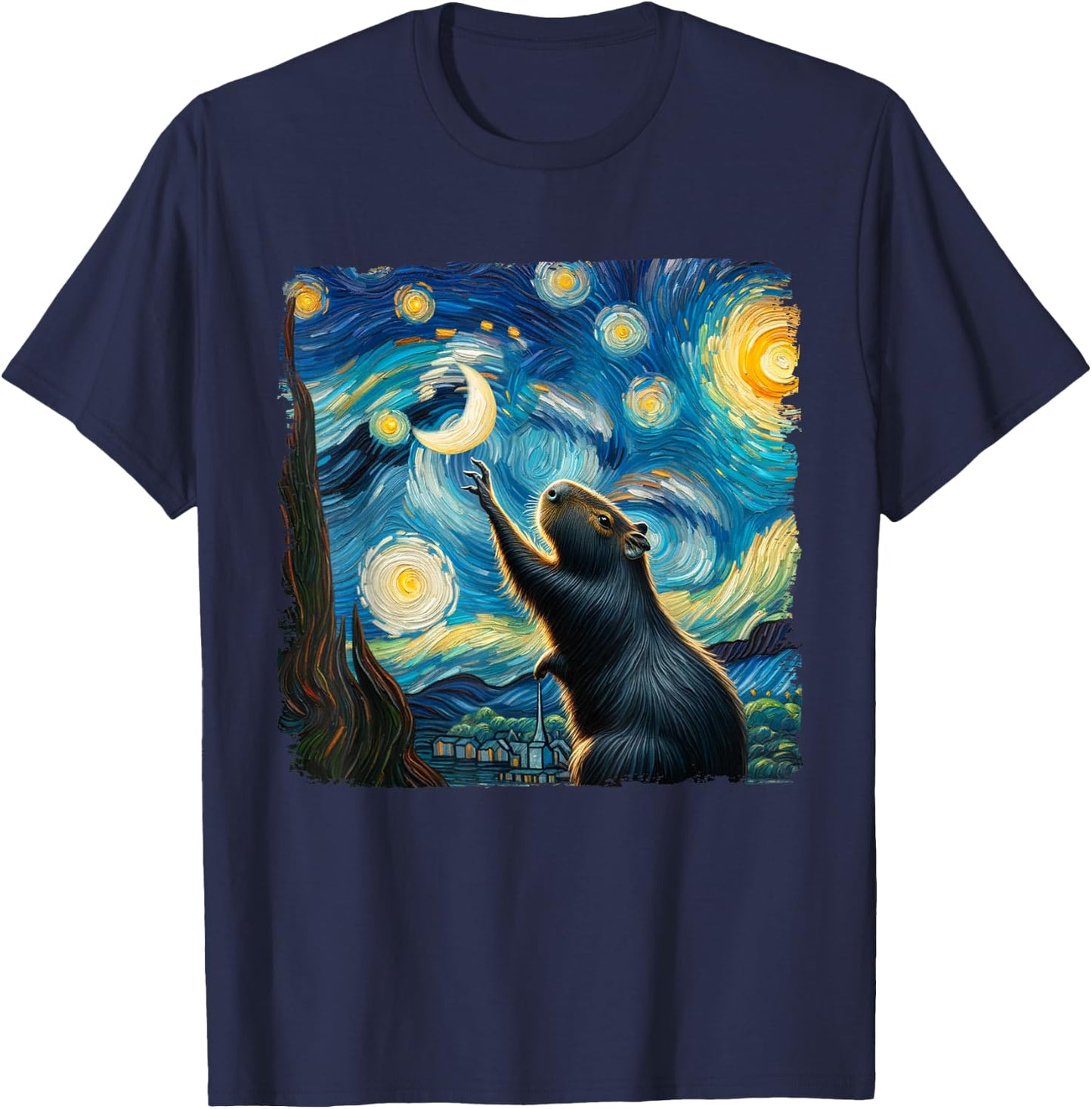 Classic Capybara Starry Night Distressed Capybaras Van Gogh T-Shirt - T-Shirt | Navy