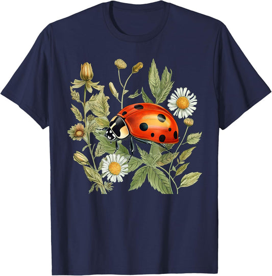 Cottagecore Floral Cute Ladybug Aesthetic Girl Women Graphic T-Shirt - T-Shirt | Navy
