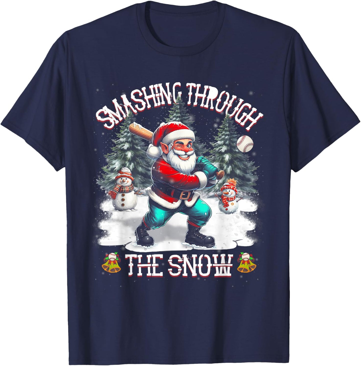 Baseball Player Christmas Santa Smashing Through Snow T-Shirt - T-Shirt | Navy