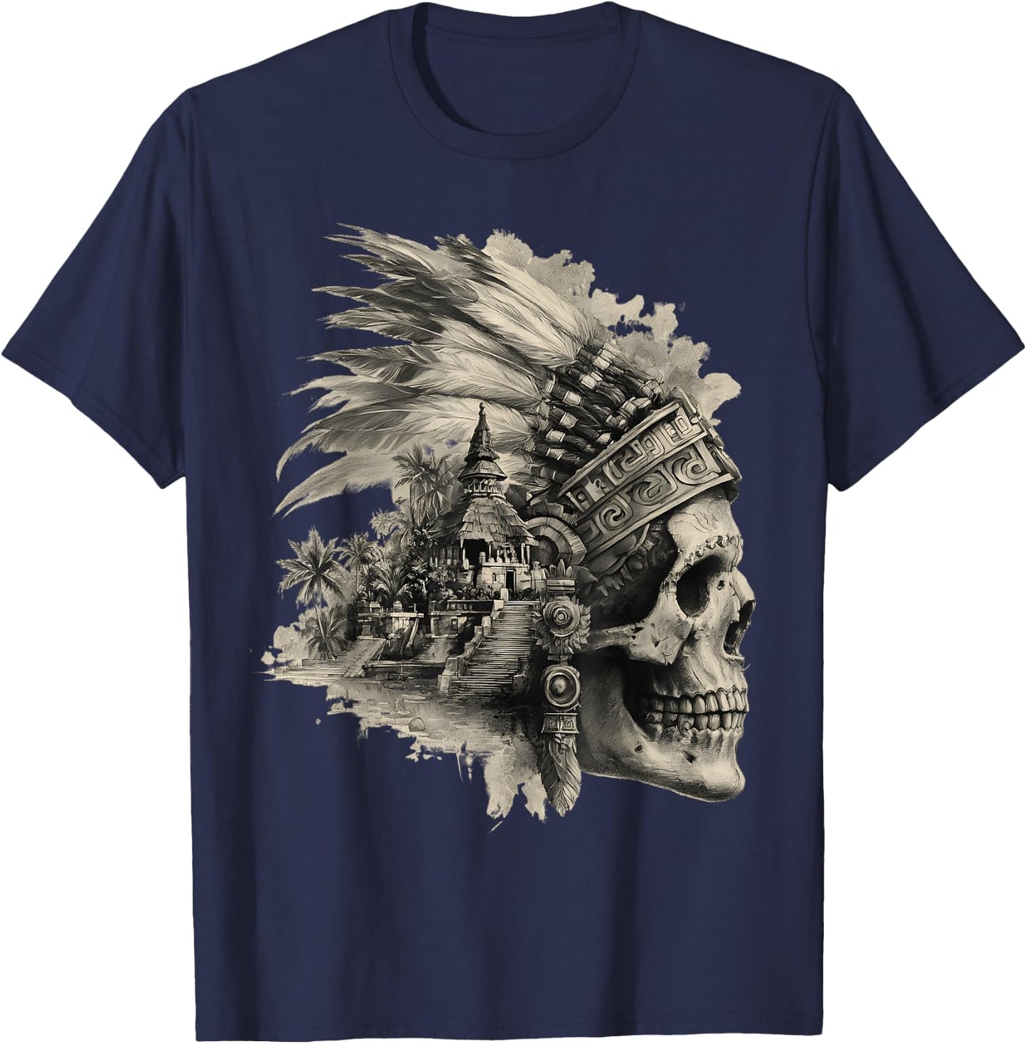 Feather Aztec Skull Maya Mexican Maya Indigenous Aztec T-Shirt - T-Shirt | Navy