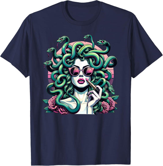 Glamour Medusa Snake Lady Elegant Mythical Fashion Art T-Shirt - T-Shirt | Navy