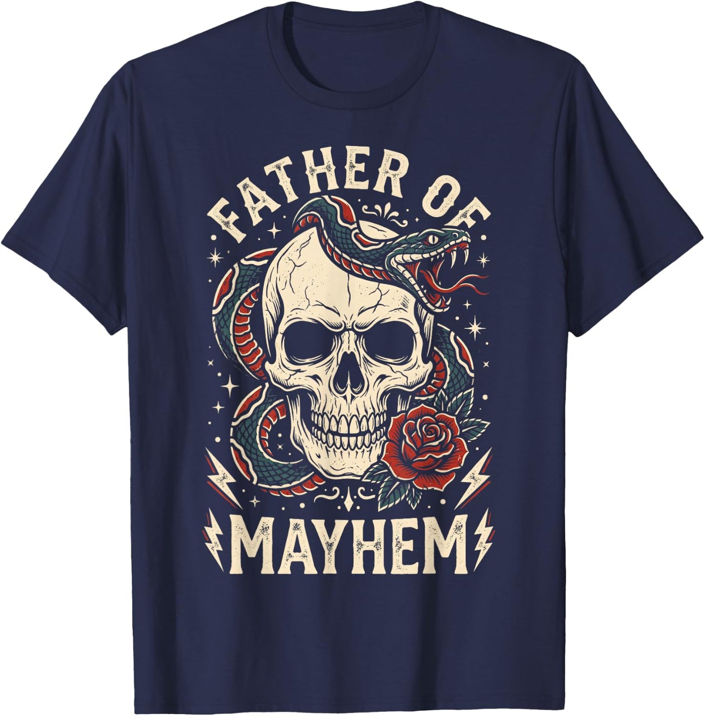 Father of Mayhem Vintage Tattoo Skull Snake & Rose T-Shirt - T-Shirt | Navy