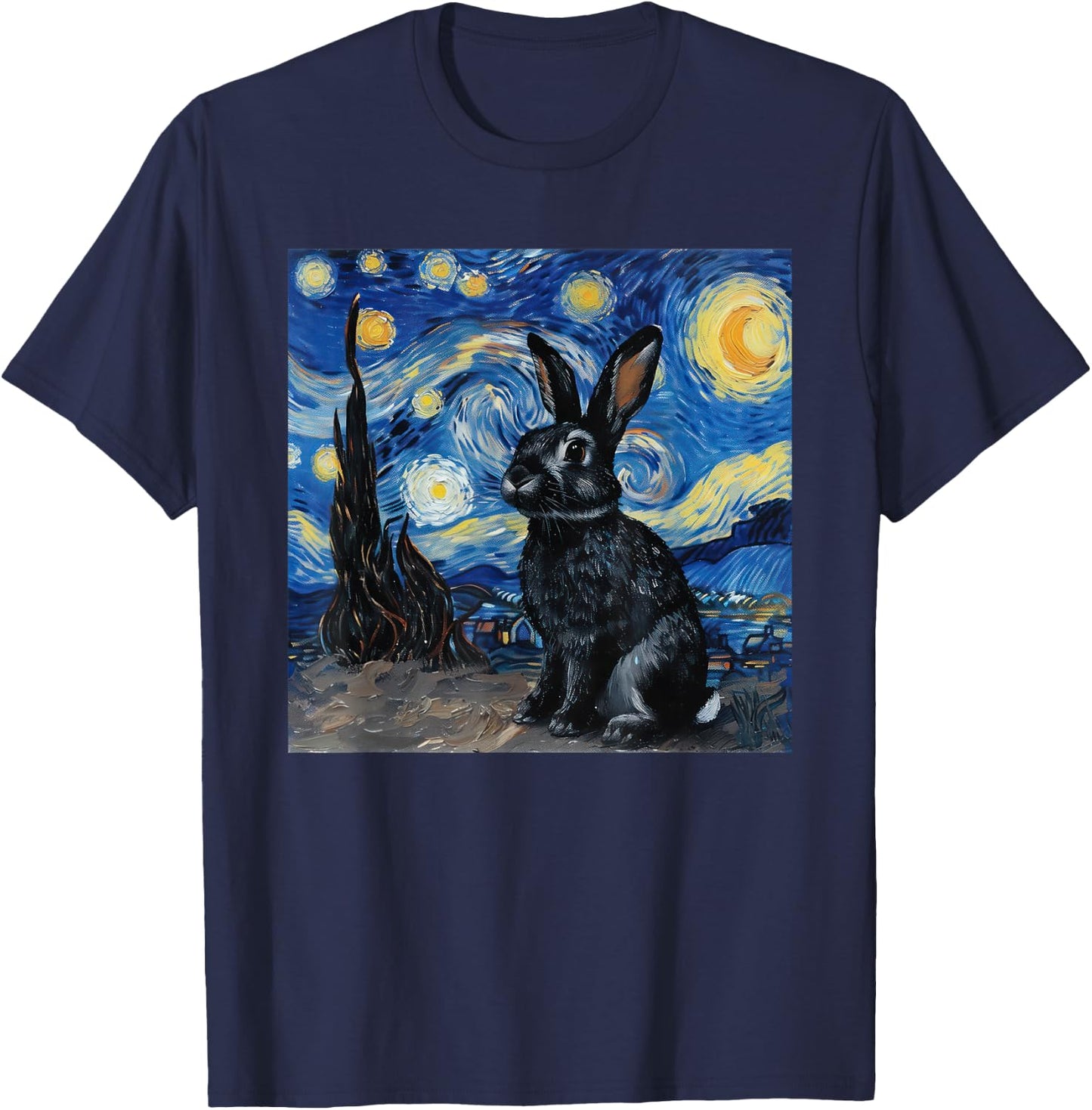 Bunny Rabbit Van Gogh Style Starry Night T-Shirt - T-Shirt | Navy