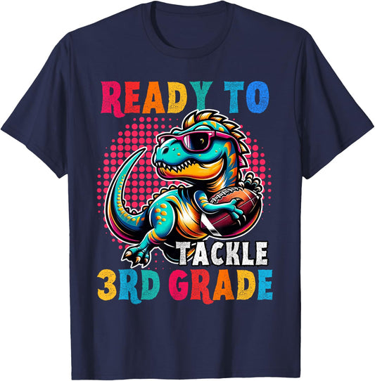 First day back to School 3rd grade Boys Football Dinosaur T-Shirt - T-Shirt | Navy