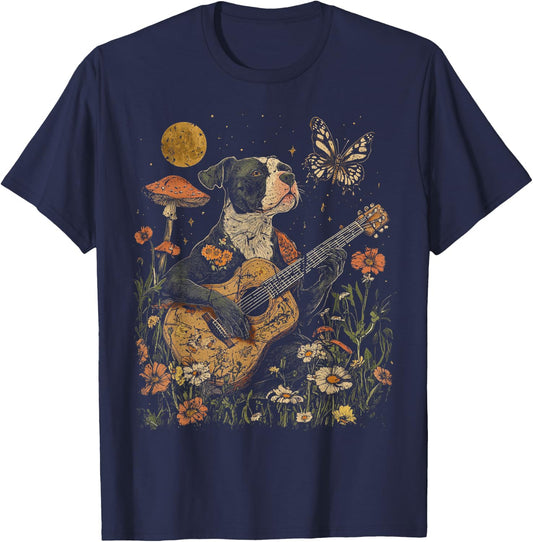 Pitbull Playing Guitar Cottagecore Graphic Design Novelty T-Shirt - T-Shirt | Navy