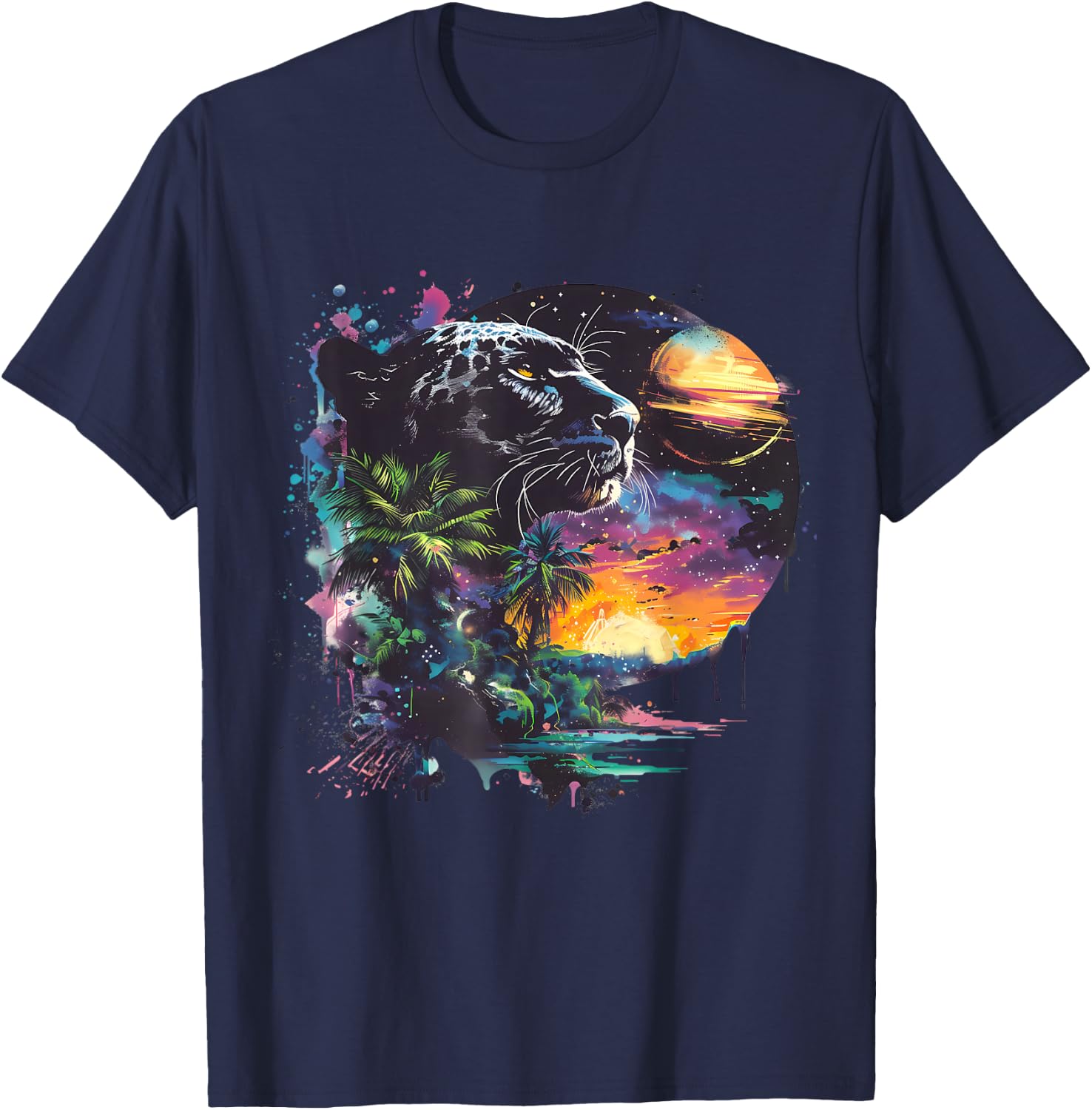 Panther Colourful Moon Artwork Panther Lover Wildlife T-Shirt - T-Shirt | Navy