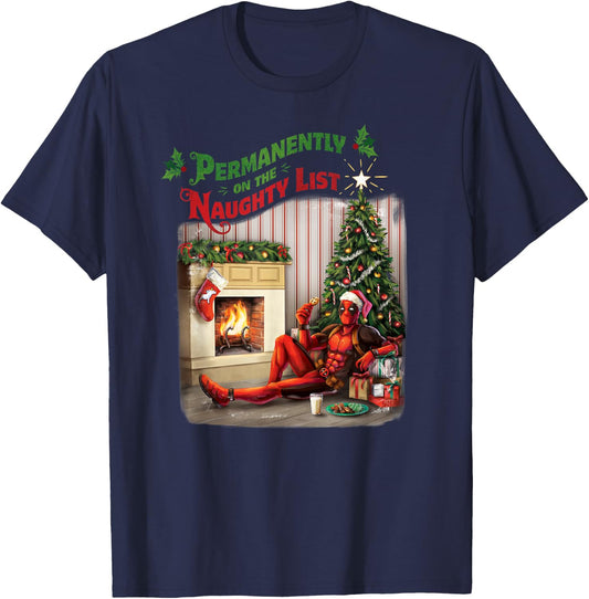 Marvel Deadpool Permanently on The Naughty List Holiday T-Shirt - T-Shirt | Navy