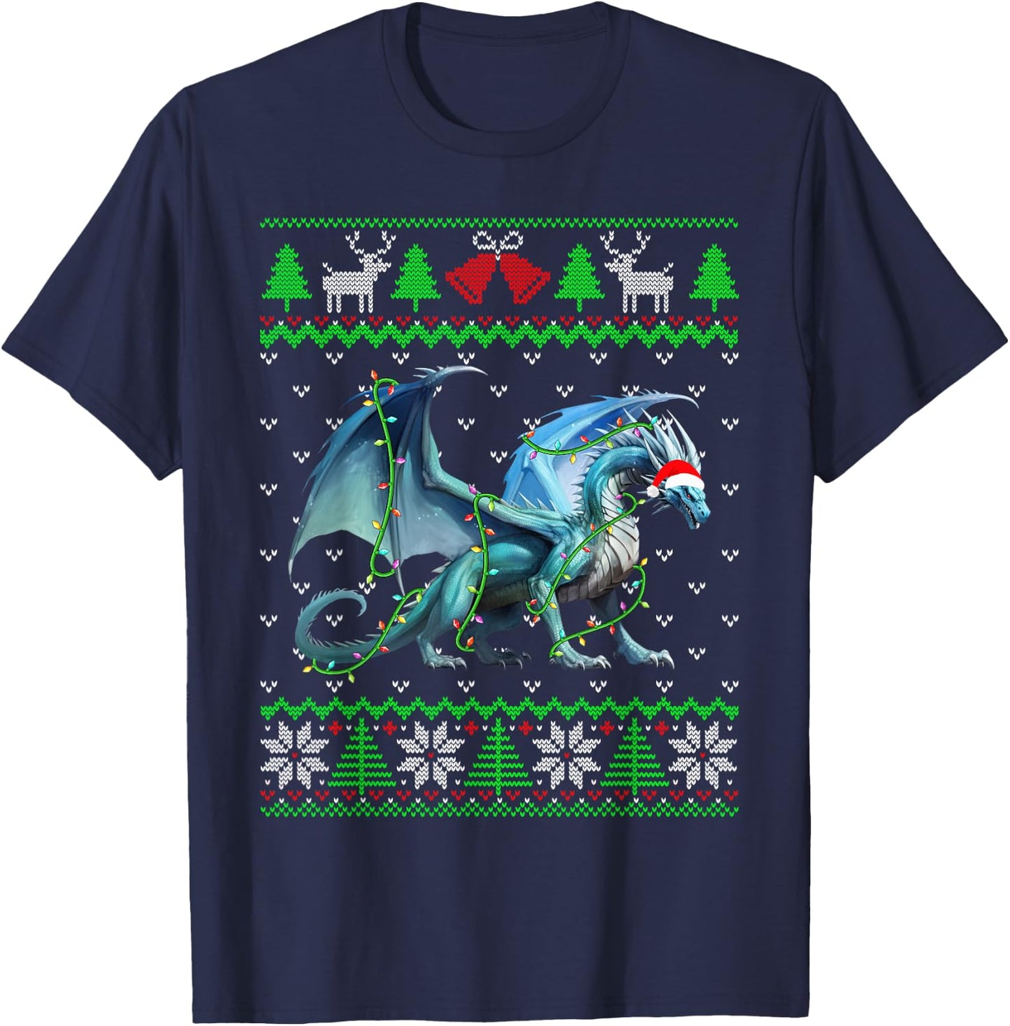 Funny Dragon Lights Ugly Sweater Christmas Tree Animals T-Shirt - T-Shirt | Navy