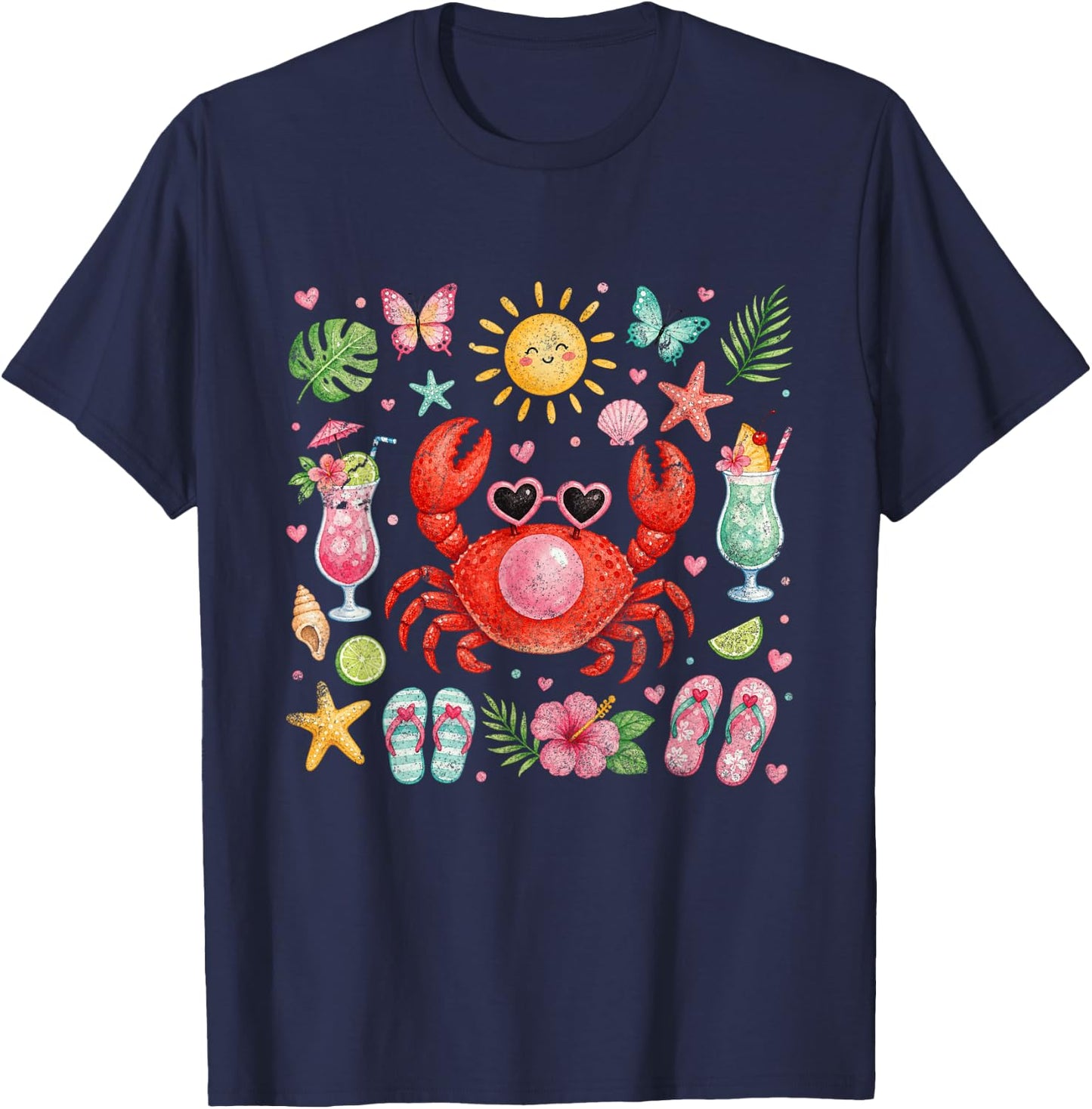 Crab Blowing Bubble Summer Vibes Coastal Beach Girls' Trip T-Shirt - T-Shirt | Navy