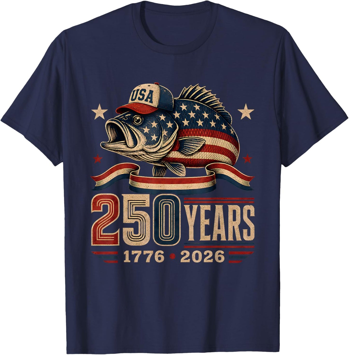250 Years 1776-2026 Bass Fishing 250th Anniversary 4th July T-Shirt - T-Shirt | Navy