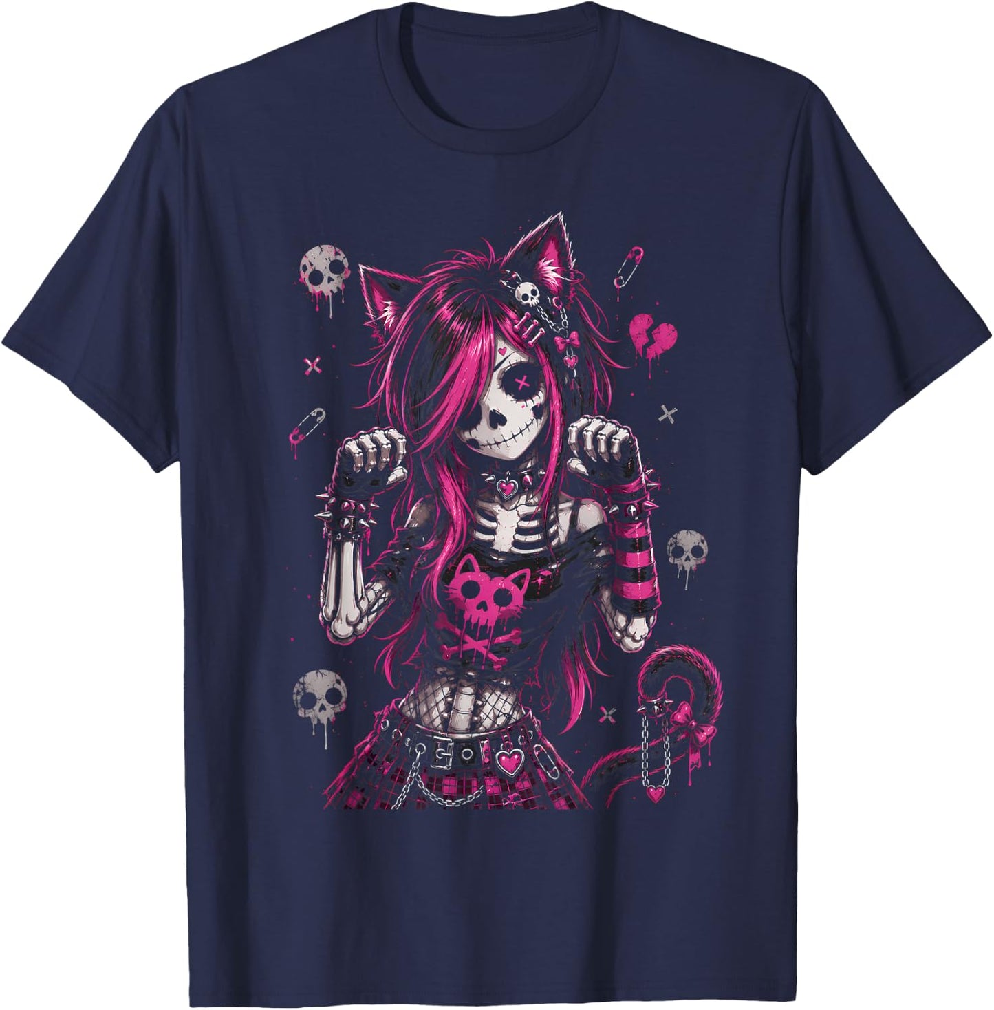 Emo Skeleton Cat Girl Pink Goth Aesthetic Rock Design T-Shirt - T-Shirt | Navy