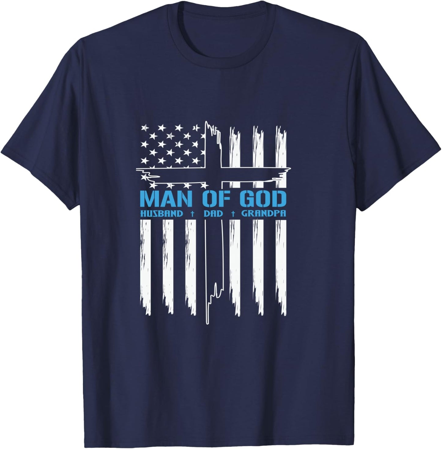 Man Of God Cross American Flag Jesus Christian T-Shirt - T-Shirt | Navy