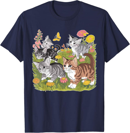 Kitten Floral Baby Cat T-Shirt - T-Shirt | Navy