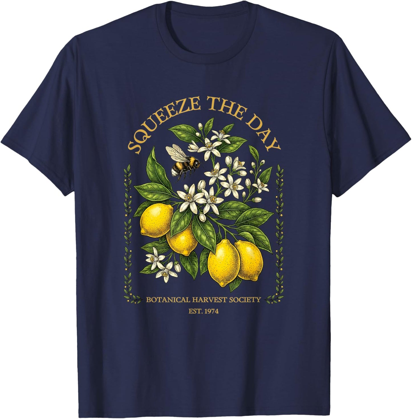 Squeeze The Day Vintage Lemon Bee Botanical Summer Fruit T-Shirt - T-Shirt | Navy