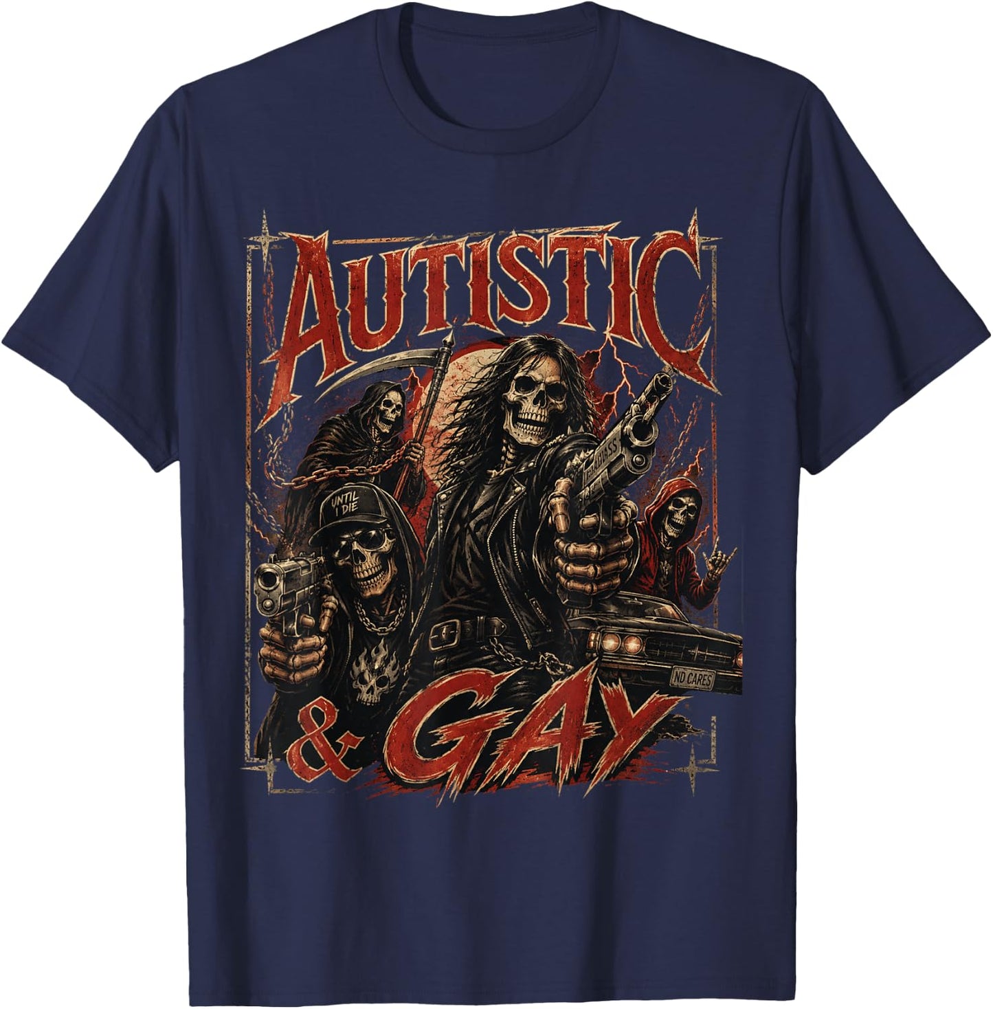 Autistic and Gay Funny Hard Skeleton Meme Music T-Shirt - T-Shirt | Navy