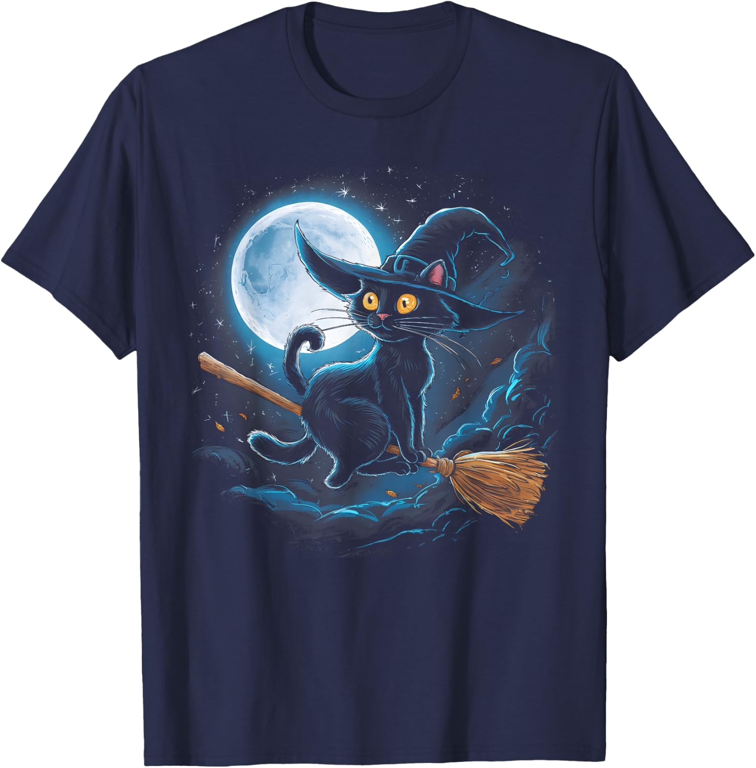 Witchy Black Cat on a Broomstick with Full Moon Halloween Women Kids T-Shirt - T-Shirt | Navy