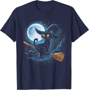 Witchy Black Cat on a Broomstick with Full Moon Halloween Women Kids T-Shirt - T-Shirt | Navy