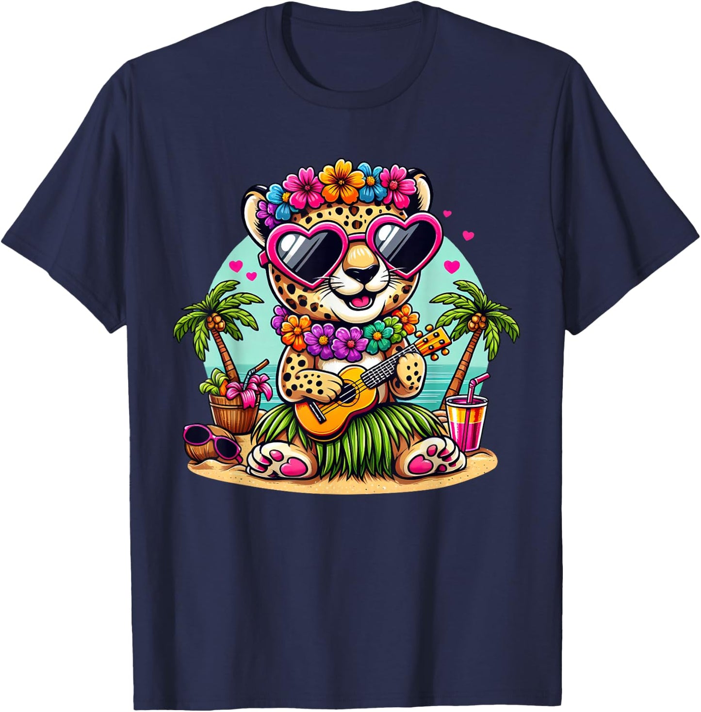 Funny Cheetah Hawaiian Costume Kids Summer Vacation Cheetah T-Shirt - T-Shirt | Navy