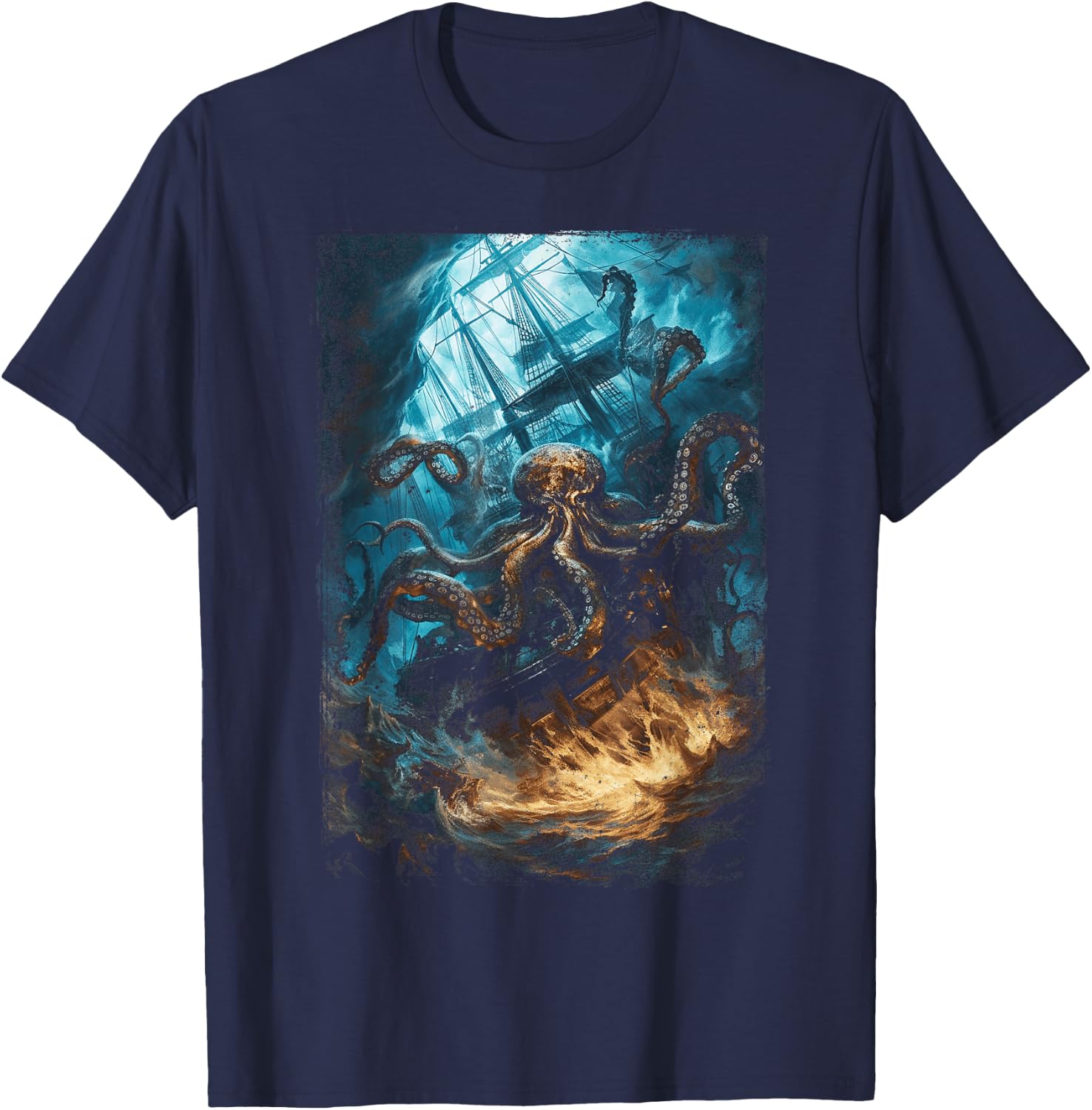 Giant Octopus Pirate Ship Vintage Kraken Sailing Squid T-Shirt - T-Shirt | Navy