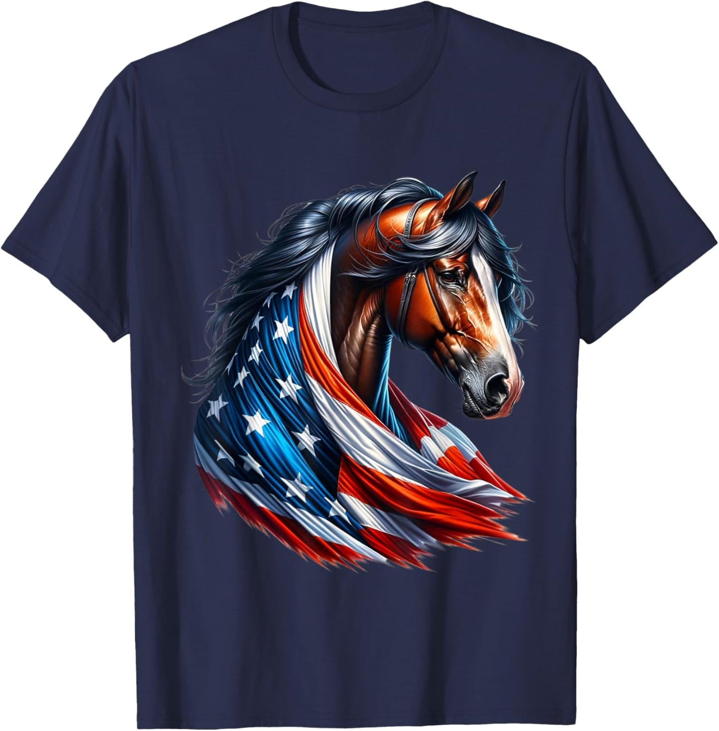 American Flag Horses US Patriotic Equestrian American Love T-Shirt - T-Shirt | Navy