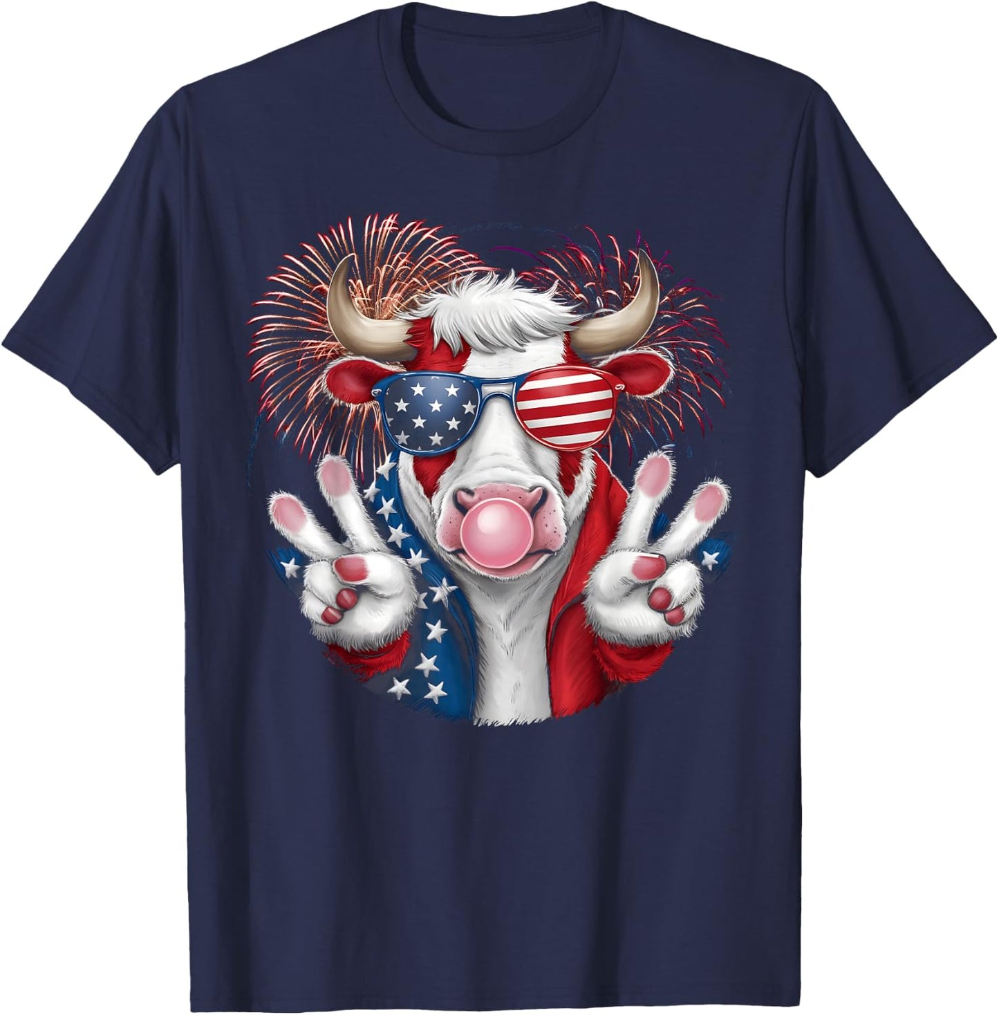 Fourth of July Firework Bull cow Patriotic American Flag T-Shirt - T-Shirt | Navy