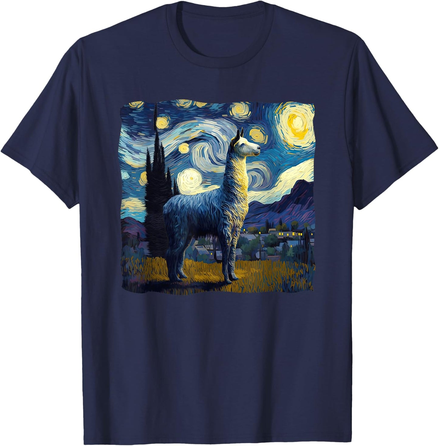 Llama Starry Night Van Gogh Painting Art Weird Aesthetic T-Shirt - T-Shirt | Navy