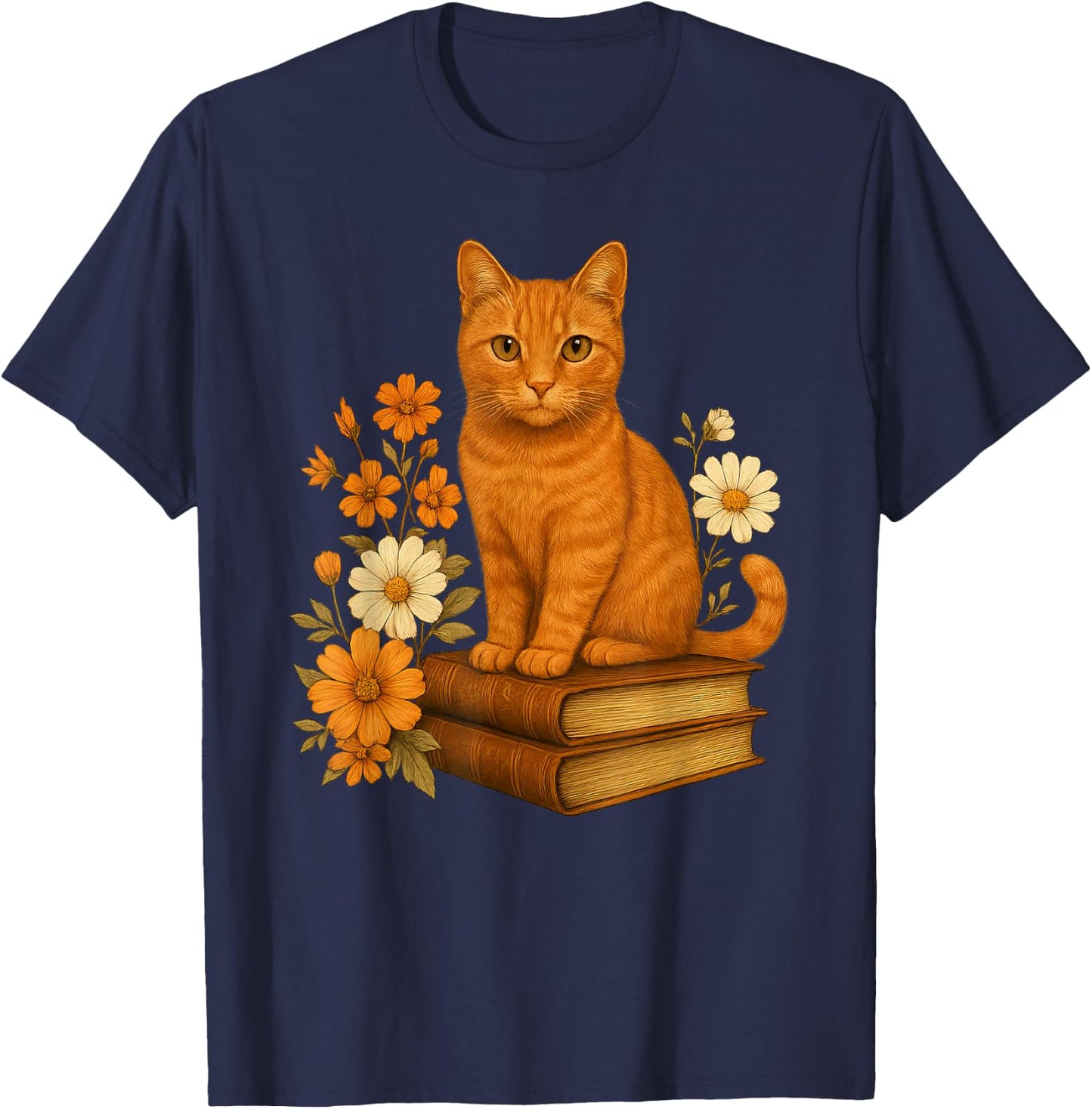 Cute Orange Cat Book Flowers T-Shirt - T-Shirt | Navy