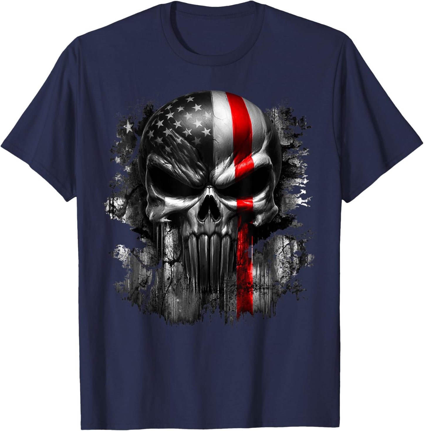 USA American Skull Patriotic Flag Red Line Grunge Graphic T-Shirt - T-Shirt | Navy