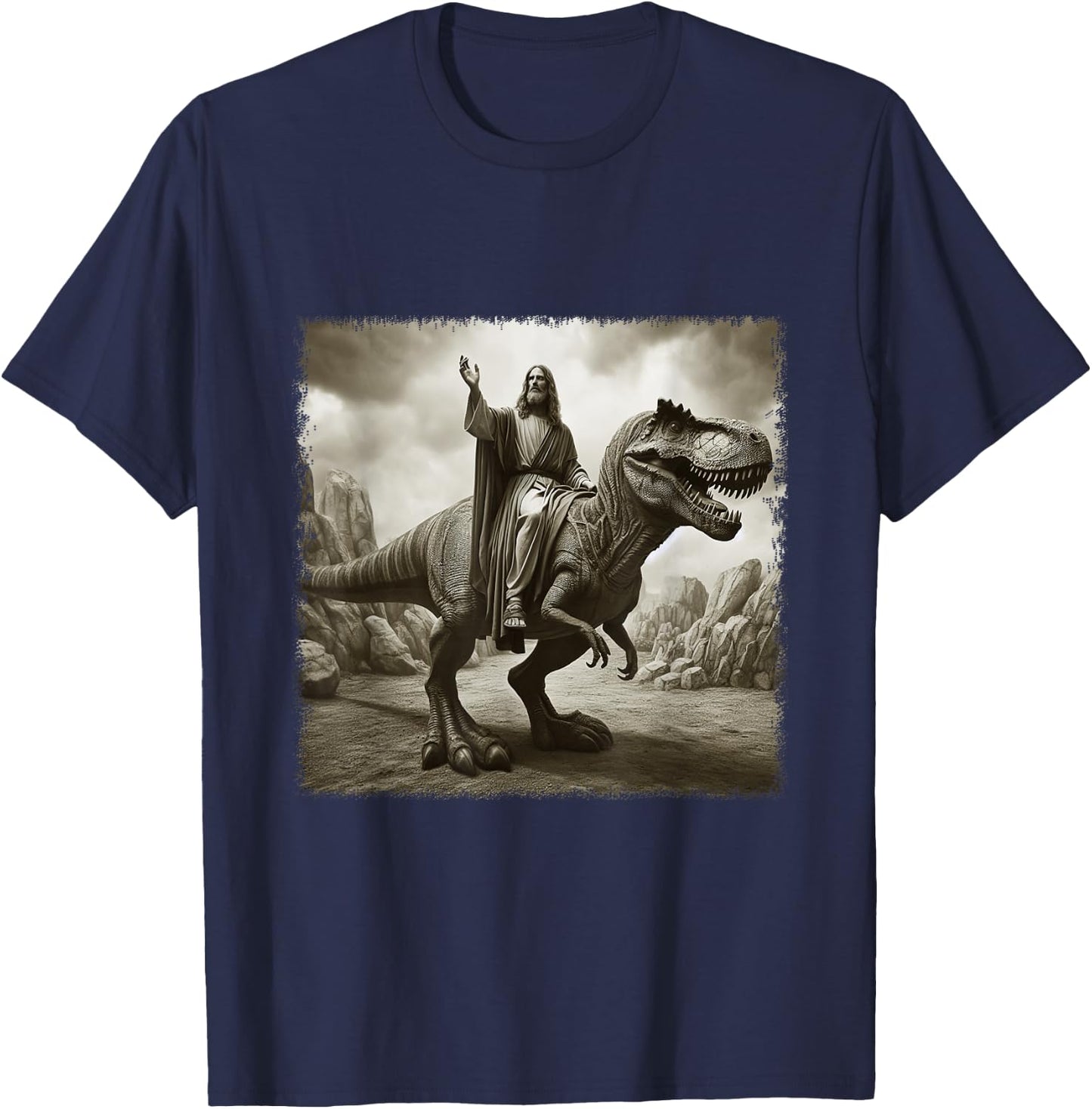 Vintage Jesus Riding T Rex Dinosaur Believers Christian T-Shirt - T-Shirt | Navy