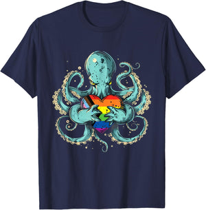 Octopus Progress Pride Flag LGBTQ+ Progressive Pride Flag T-Shirt - T-Shirt | Navy