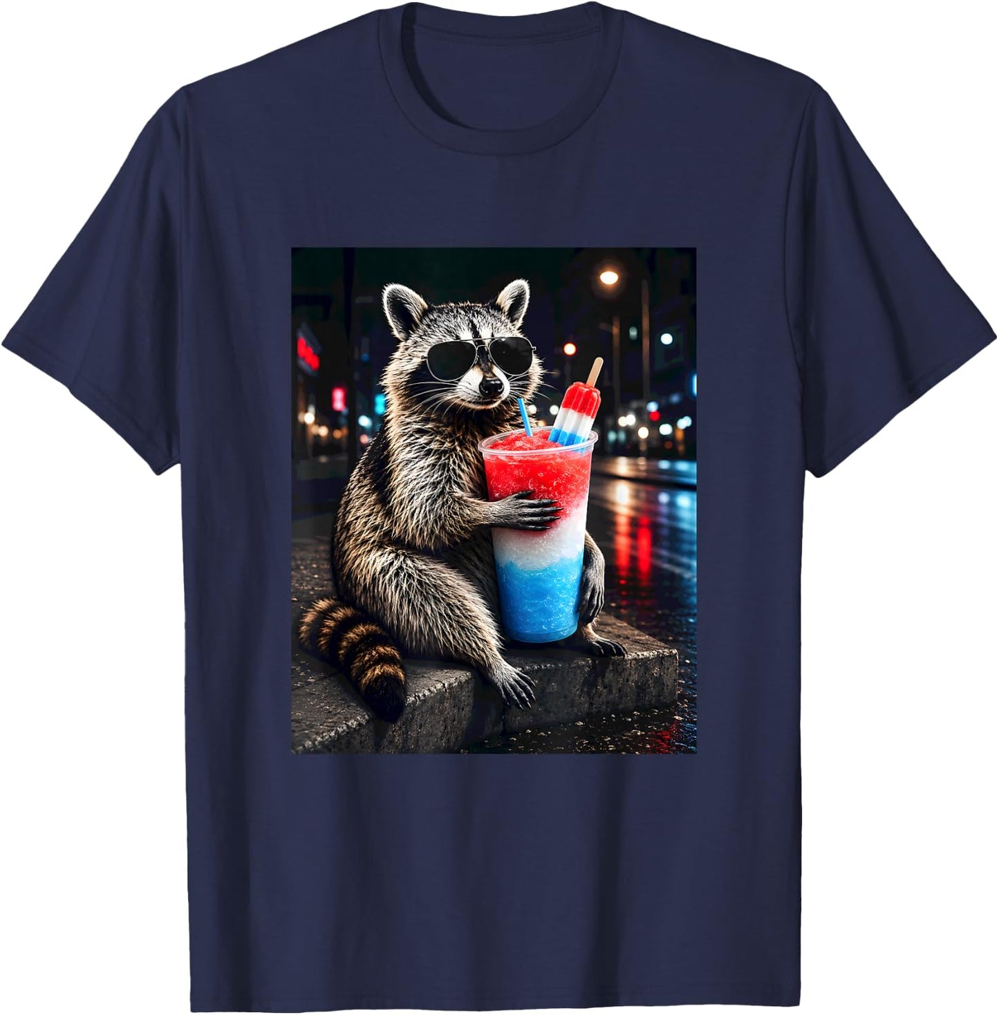 4th of July Raccoon Drinking Iced Cocktail Funny Animal Meme T-Shirt - T-Shirt | Navy