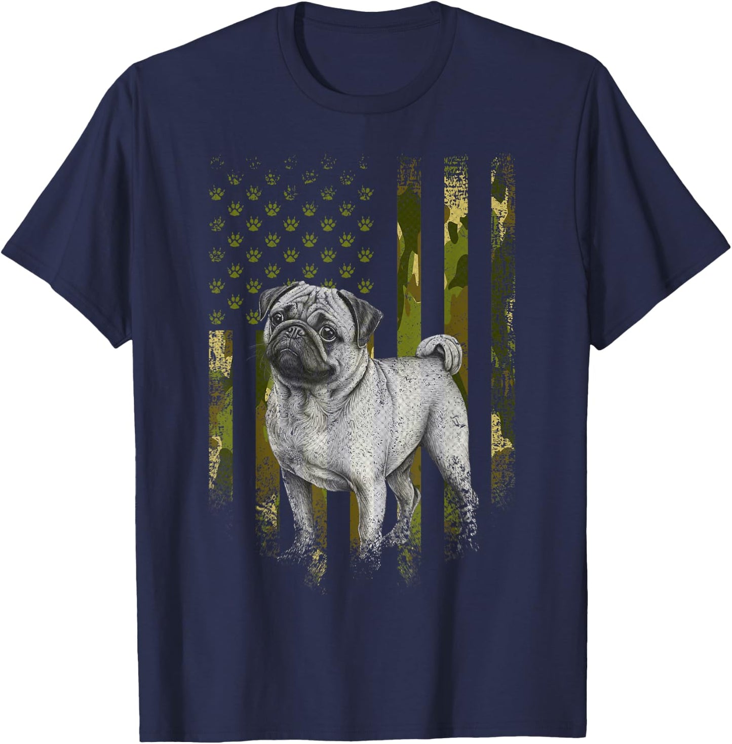 Vintage Camouflage USA Camo Flag Pug Dog 4th Of July T-Shirt - T-Shirt | Navy