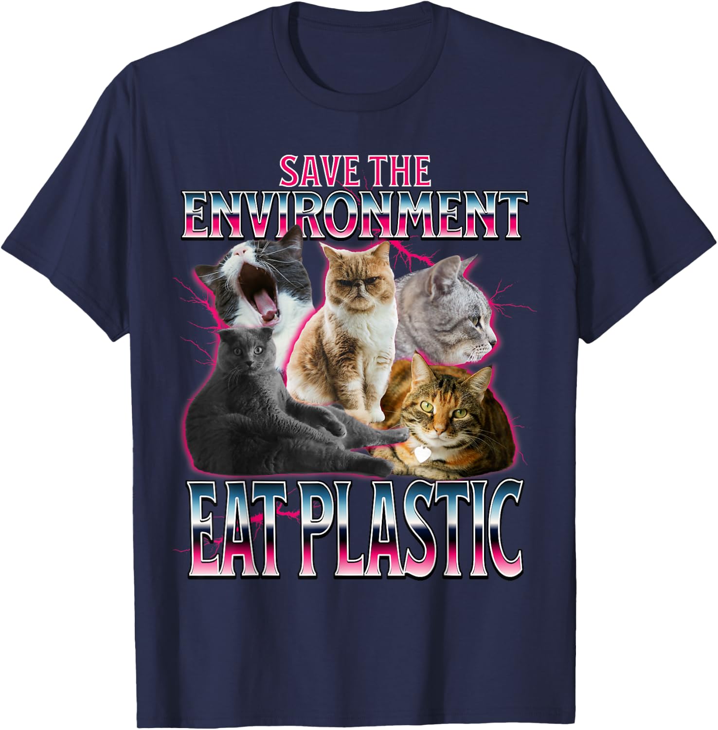 Save the Environment Eat Plastic Cute Funny Cat Meme T-Shirt - T-Shirt | Navy