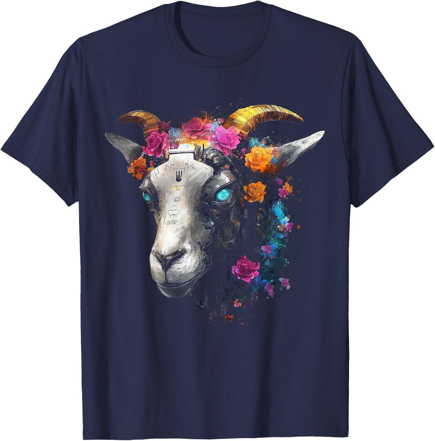 Goat Fantasy Blue Eyes - Artwork | Animal Motif Goat T-Shirt - T-Shirt | Navy
