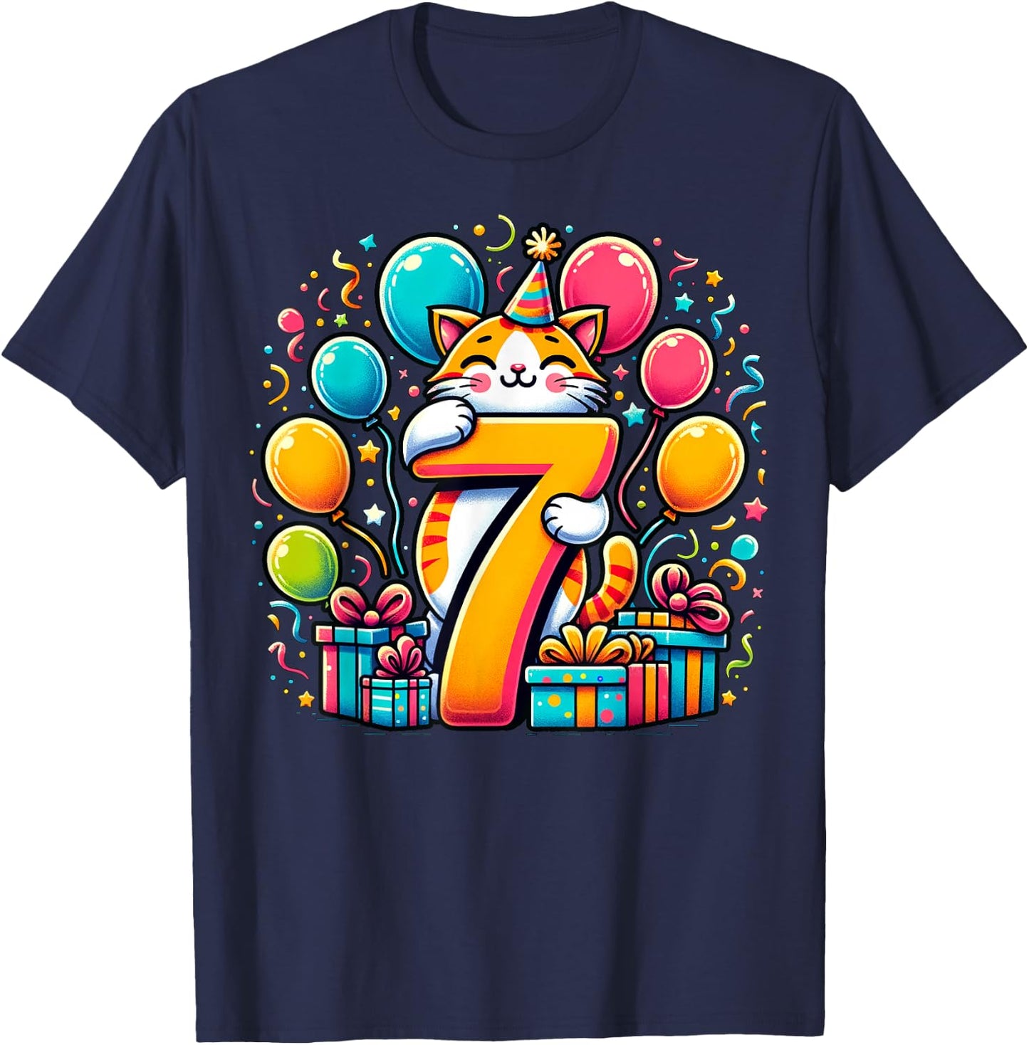 Cat 7th Birthday Boy Girl 7 Years Old Seventh Seven Cat , black T-Shirt - T-Shirt | Navy